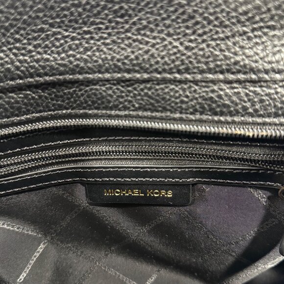 Michael Kors Bedford Medium Pebbled Leather Pocket Tote Handbag Black Tan Straps - Picture 10 of 12